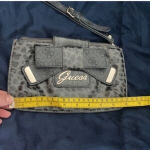Guess Black Gray Bow Logo Wristlet With Strap Animal Print